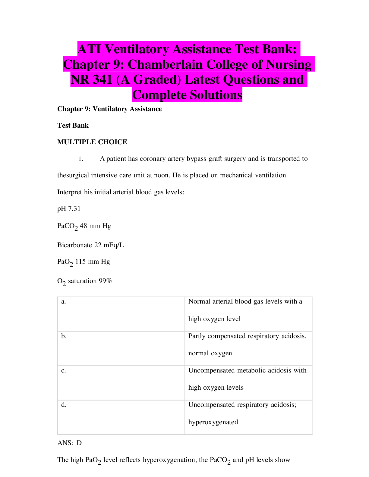 Preview image for ATI Ventilatory Assistance Test Bank: Chapter 9: Chamberlain College of Nursing NR 341 (A Graded) Latest Questions and Complete Solutions